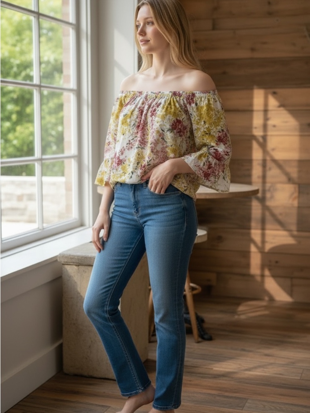 eesome brand women's blouse with floral pattern off-the-shoulder neckline Small - Picture 2 of 11